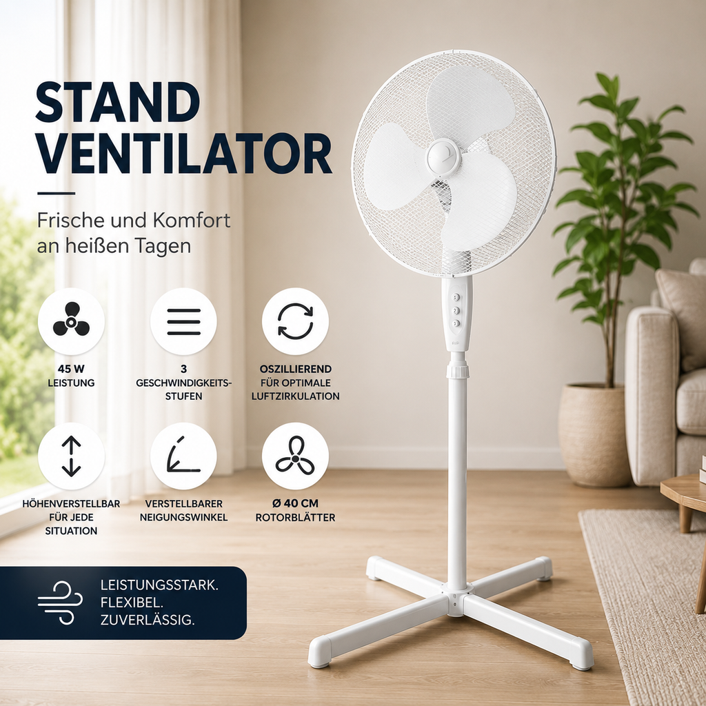 Standventilator 40 cm | 45 W | Höhenverstellbar | Oszillierend | 3 Geschwindigkeitsstufen