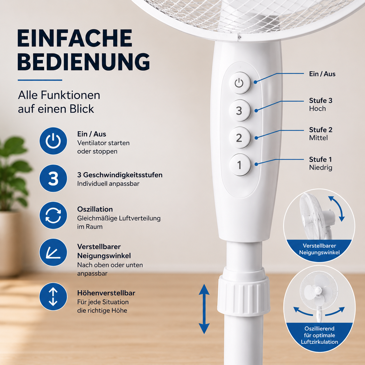 Standventilator 40 cm | 45 W | Höhenverstellbar | Oszillierend | 3 Geschwindigkeitsstufen